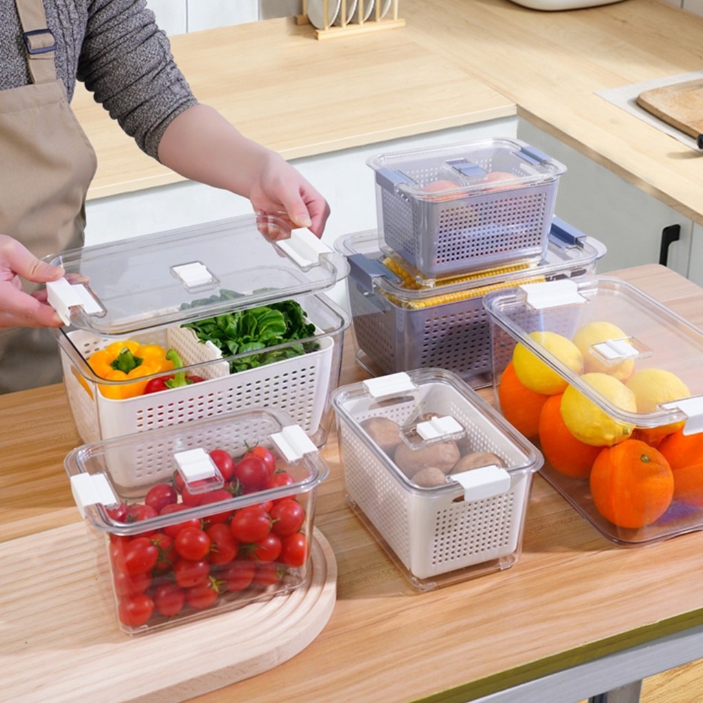 105 Kit 2 potes cestas Conjunto De Caixas Frigoríficas Multifunctioal De Cozinha Com Tampa Cesta De Drenagem  BM-A642 thumbnail