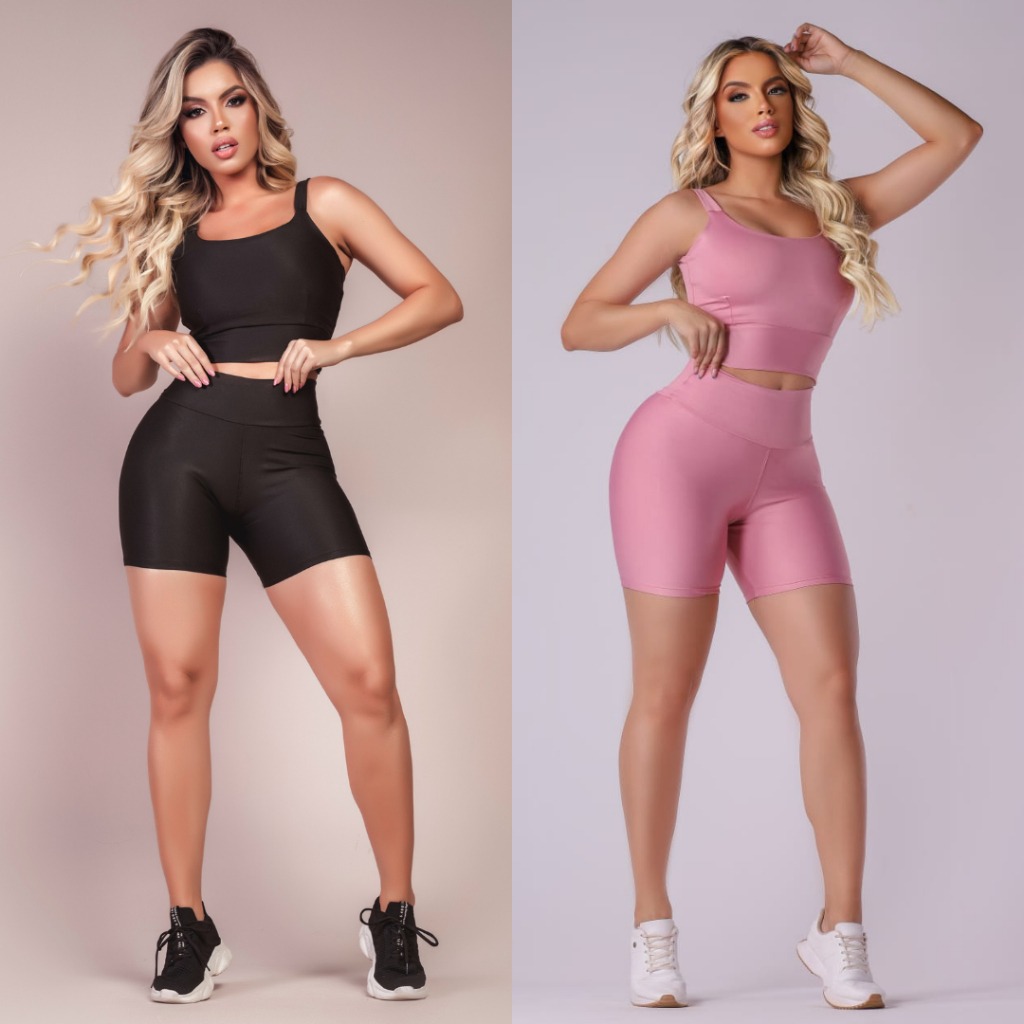 090 Kit 2 Conjunto Fitness Short e Cropped - Conjunto Academia Cintura Alta thumbnail