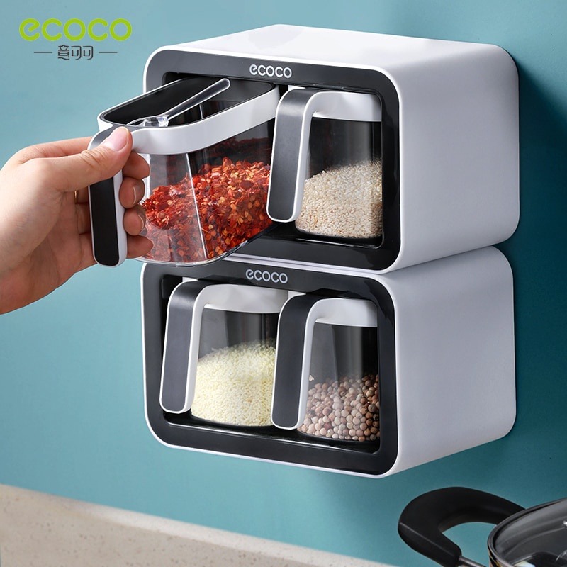 074 ECOCO Wall Mount Spice Rack Organizador Tigela De Açúcar Sal Shaker Tempero Recipiente Caixas Com Colheres Cozinha Suprimentos Conjunto thumbnail