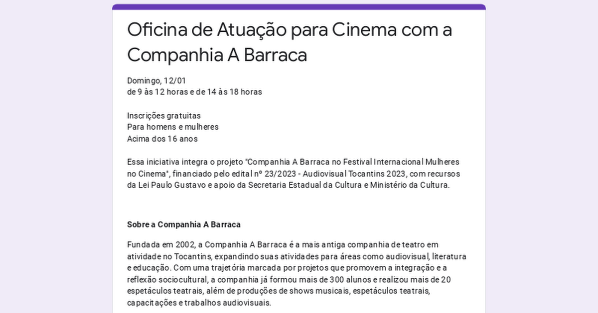 Oficina de Atuação para Cinema com a Companhia A Barraca thumbnail