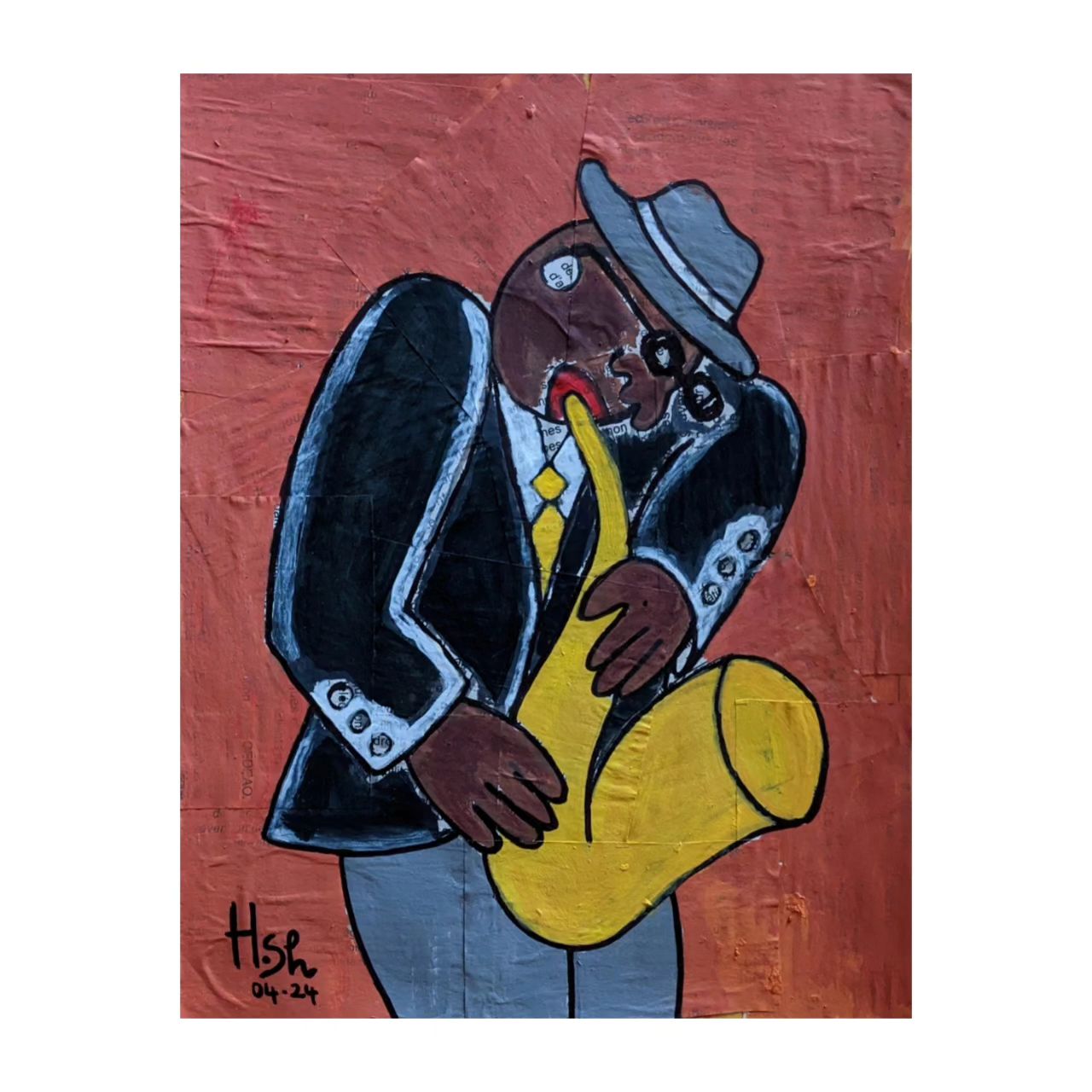 Title: "A saxophone player"
🎷🎶
Acrylic on news paper
21 cm x 29,7 cm
04/24
#hibasamah #saxophonist 
#musicart
----------